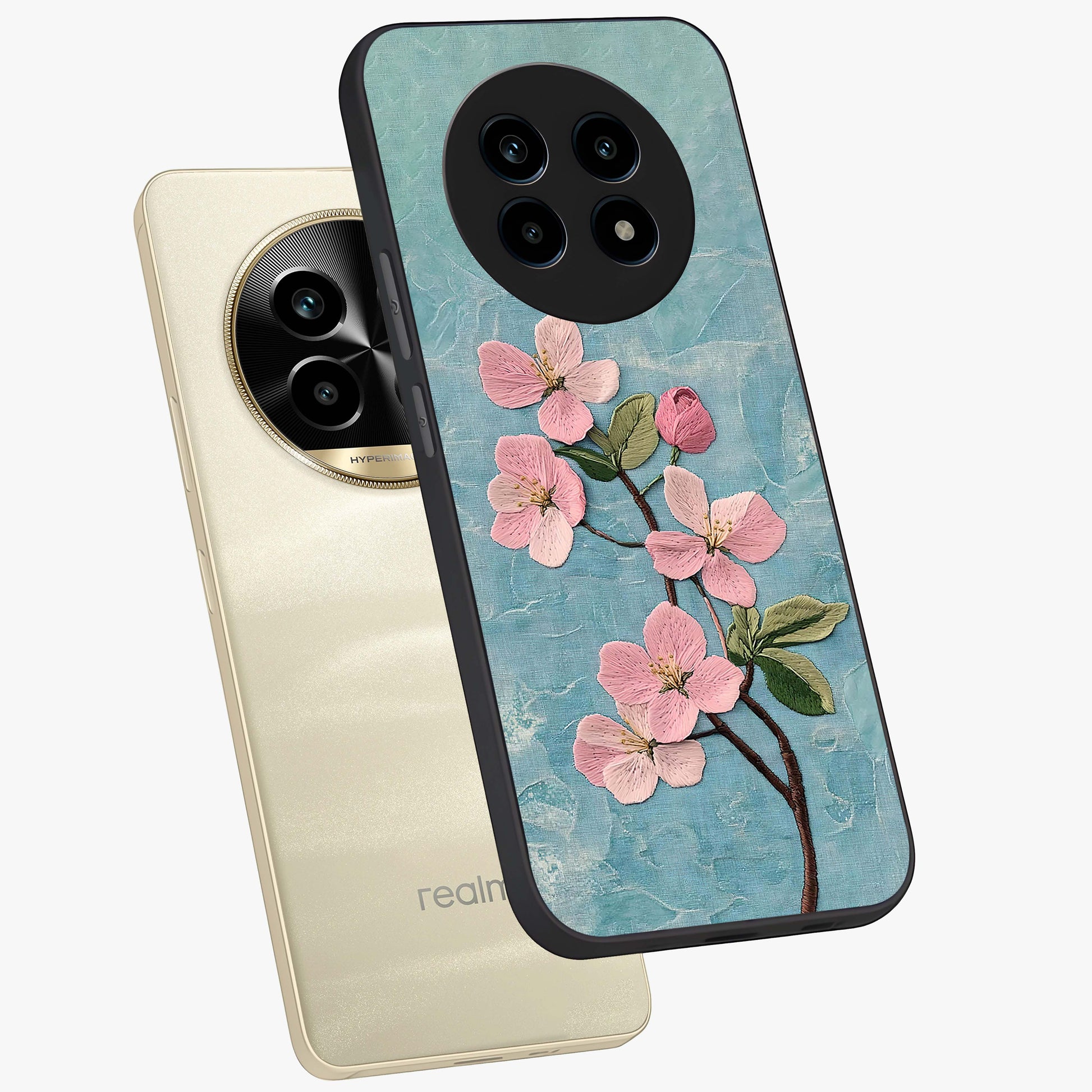 Threaded Blossom Breeze Glass Case displayed in angled mockup highlighting elegant floral design with soft aesthetic style.