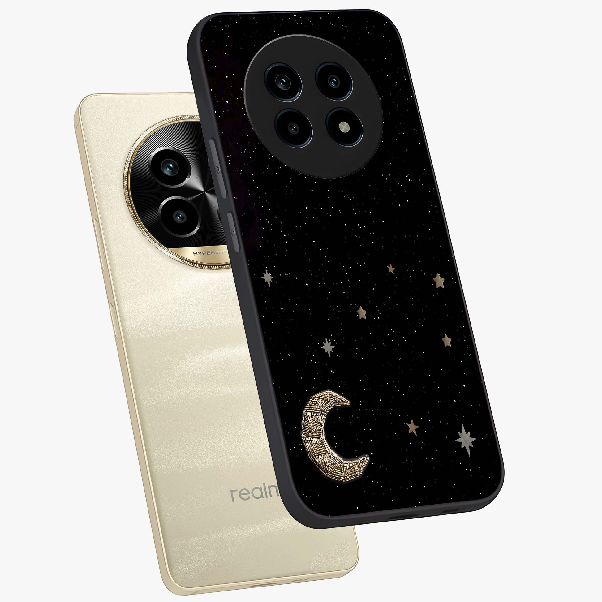 Twinkle Star With Half Moon Glass Case displayed in angled mockup highlighting celestial moon and star design with magical aesthetic.