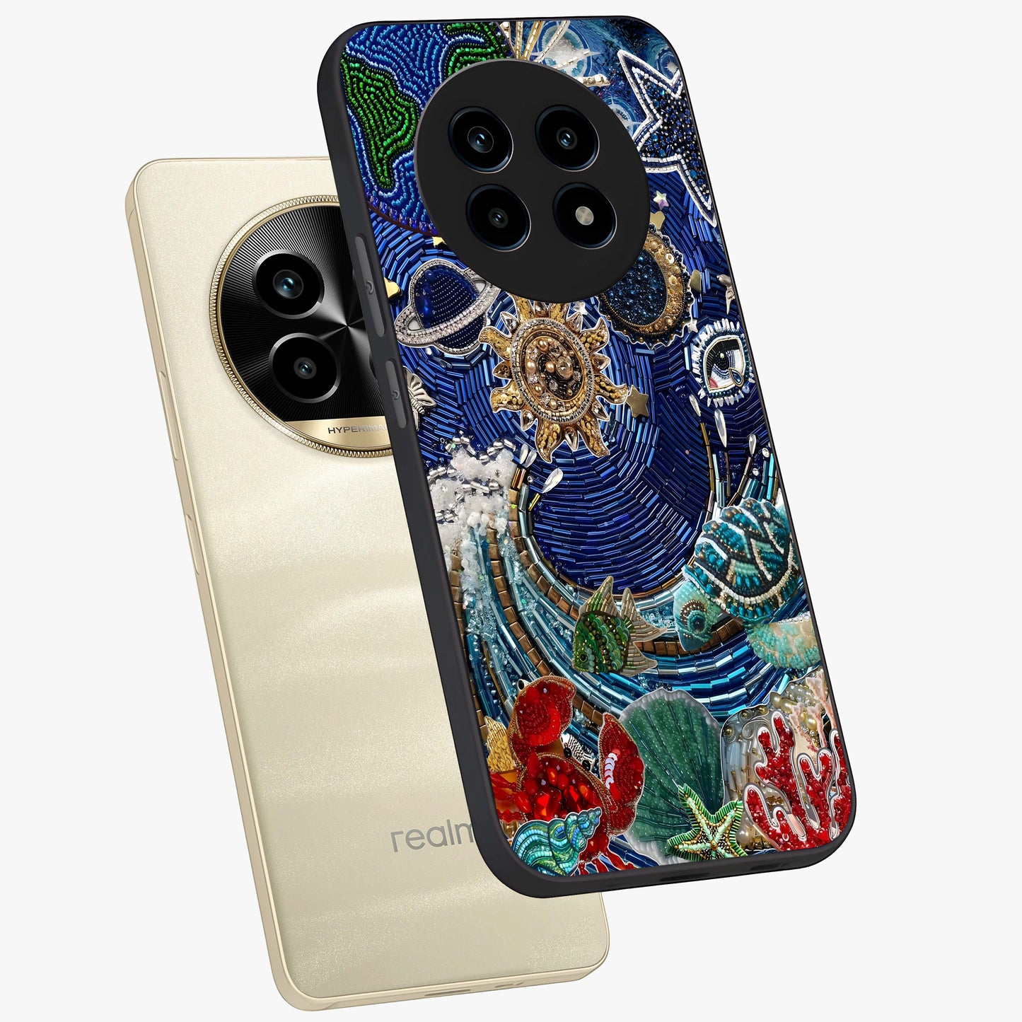 Universe Underwater Spark Glass Case displayed in angled mockup highlighting glowing aquatic design with celestial aesthetic.