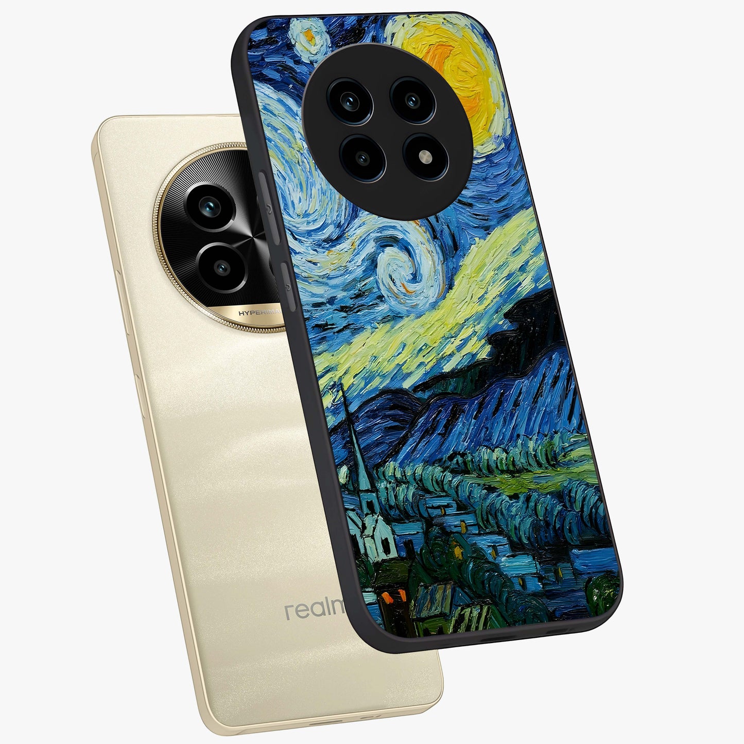 Van Gogh Art Glass Case displayed in angled mockup highlighting swirling brushstroke design with artistic aesthetic.