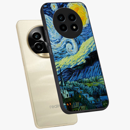 Van Gogh Art Glass Case displayed in angled mockup highlighting swirling brushstroke design with artistic aesthetic.