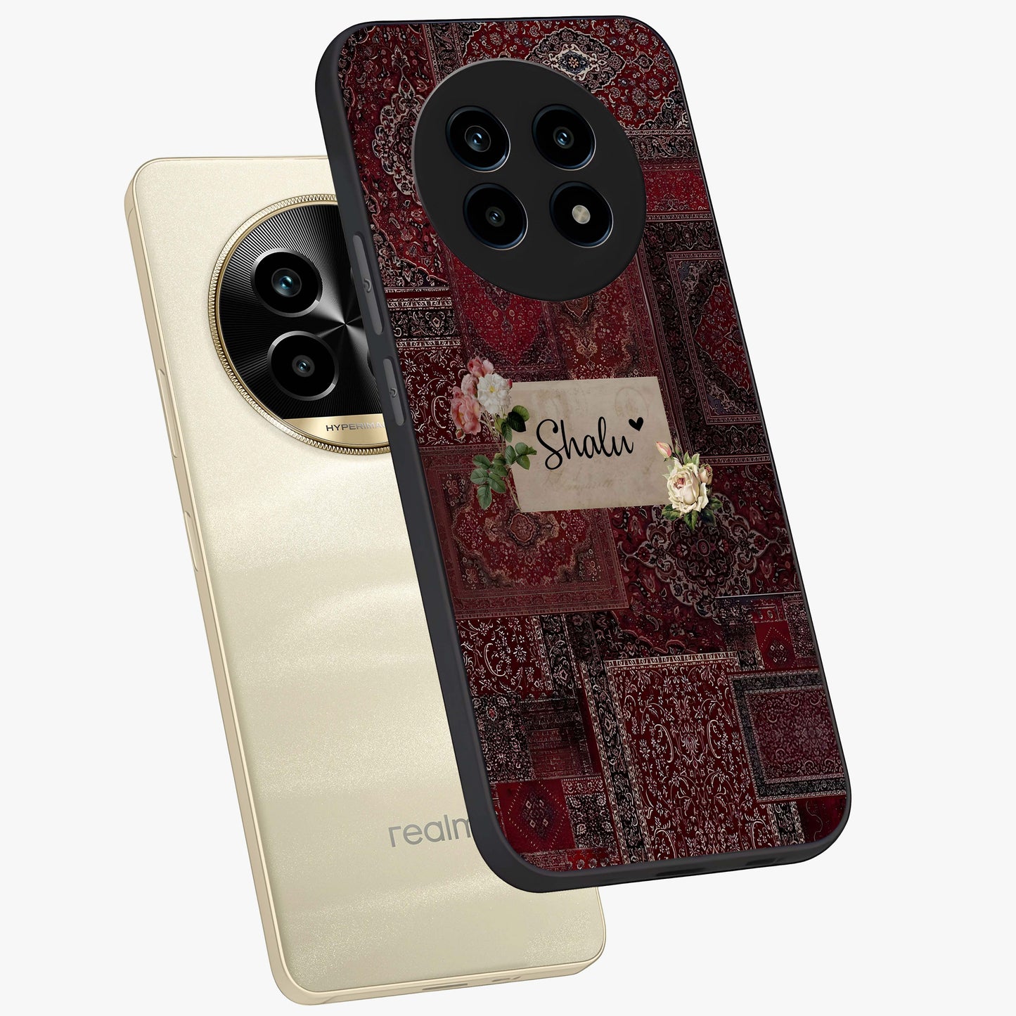Velvet Wine Pattern Custom Name Glass Case displayed in angled mockup highlighting decorative velvet inspired design with custom name feature.