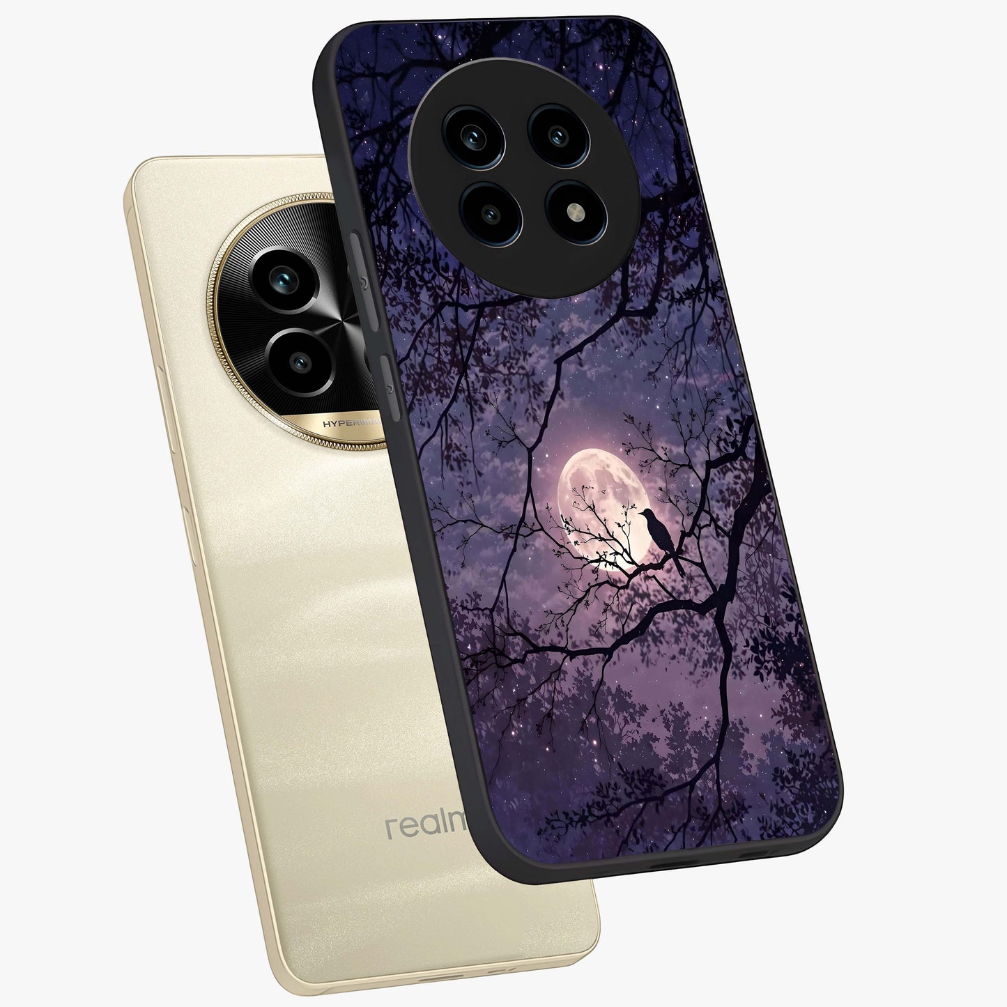 Whispering Moon Silence Glass Case displayed in angled mockup highlighting calm lunar design with dreamy night aesthetic.