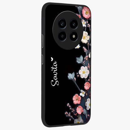 Black Elegance Floral Custom Name Glass Case upright view showcasing luxurious black floral design with personalized name detail.