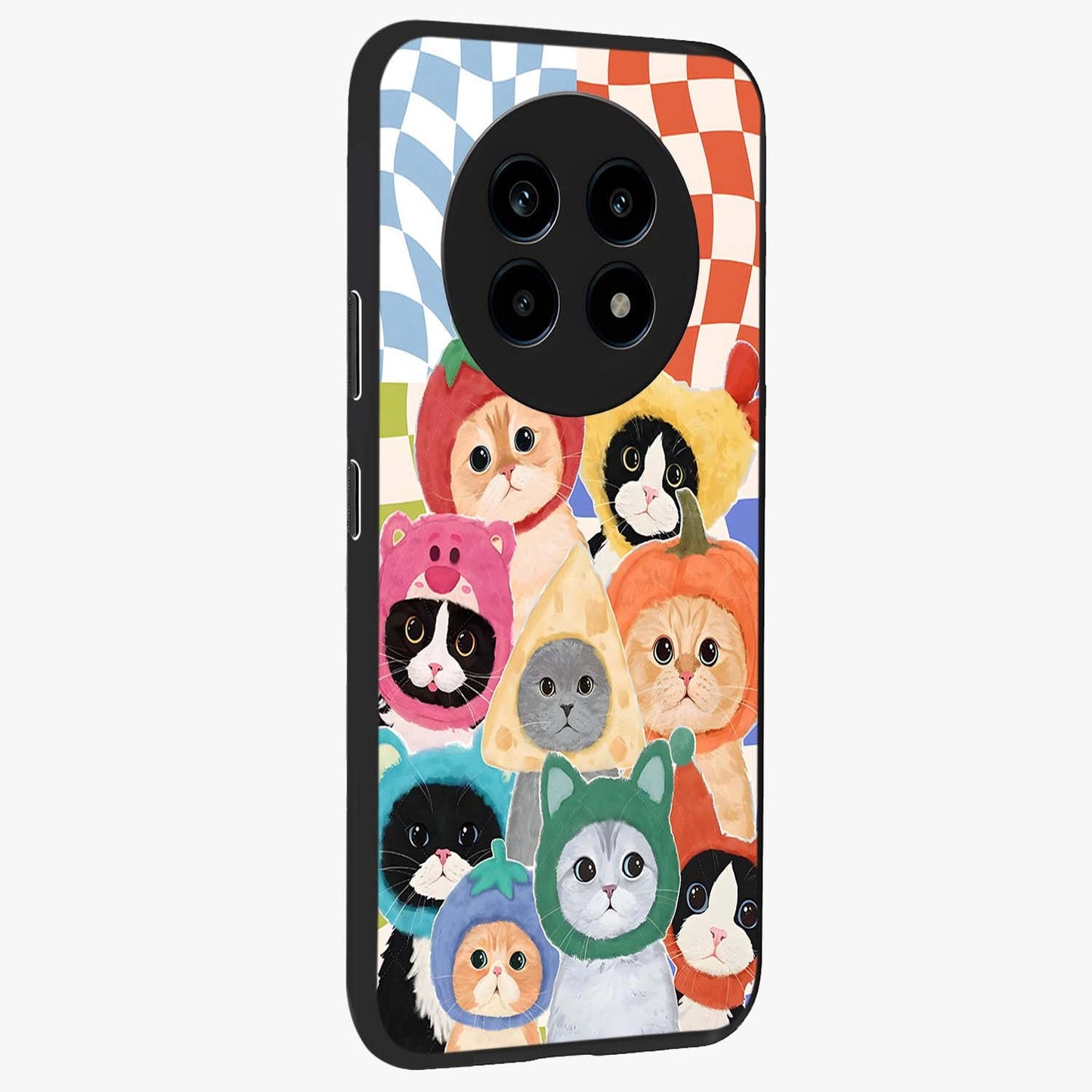 Cats in Fruits Glass Case upright view showcasing charming cat artwork with fun fruity theme.