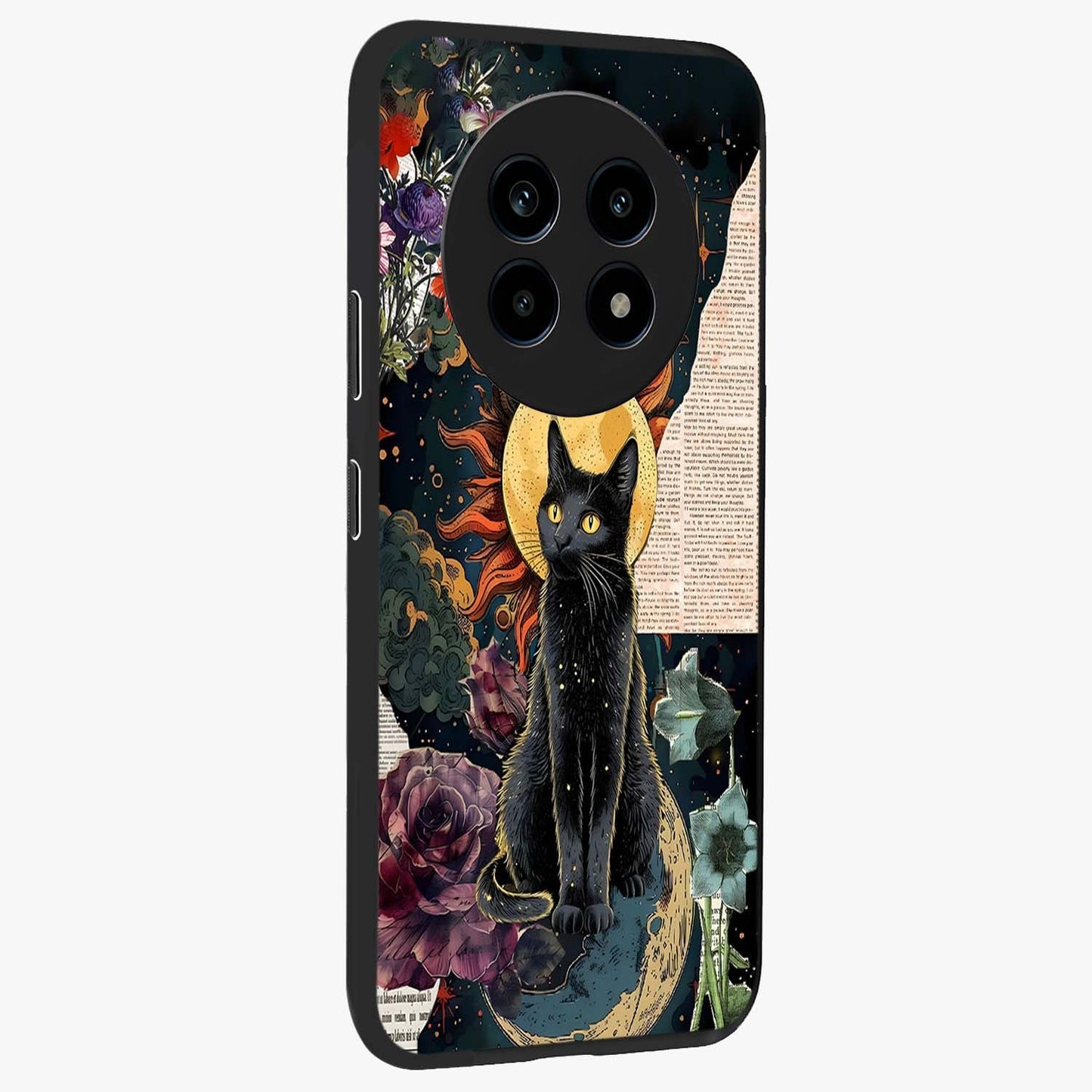Celestial Black Cat Glass Case upright view showcasing magical black cat illustration with starry cosmic theme.