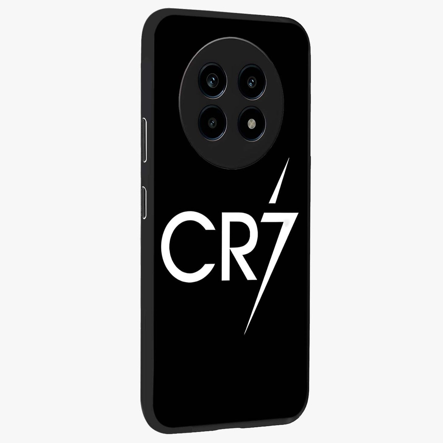 Cr7 Elite Strike Glass Case upright view showcasing energetic football inspired design with modern sports aesthetic.