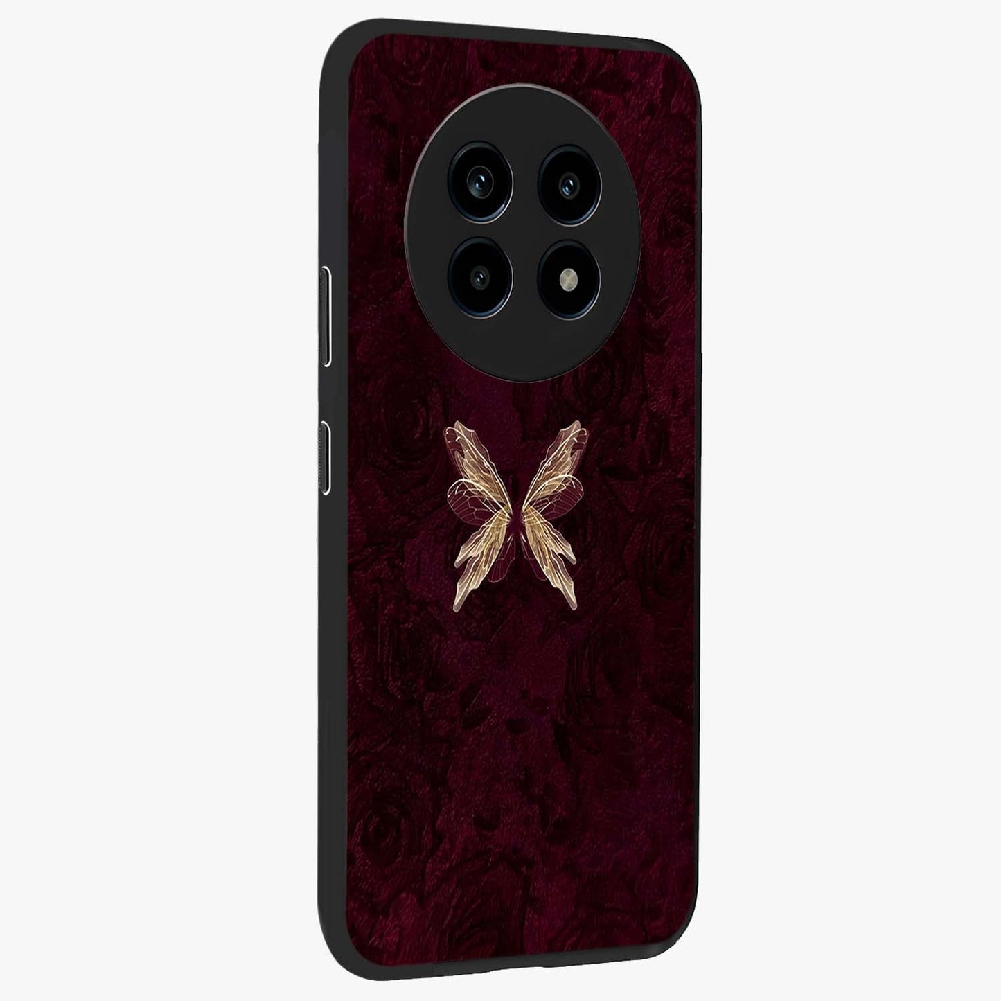 Crimson Fade Butterfly Glass Case upright view showcasing graceful butterfly artwork with soft crimson fade effect.