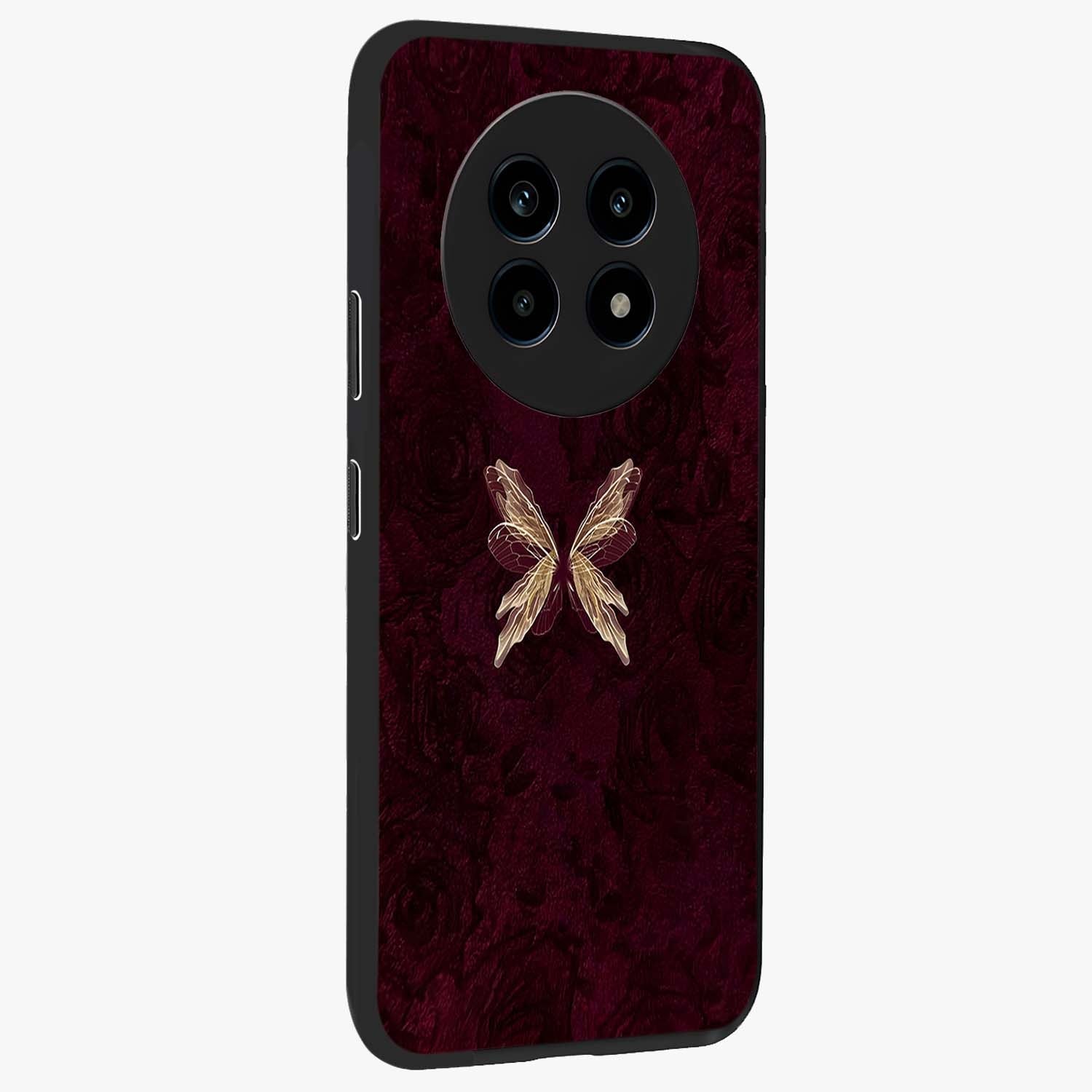 Crimson Fade Butterfly Glass Case upright view showcasing graceful butterfly artwork with soft crimson fade effect.