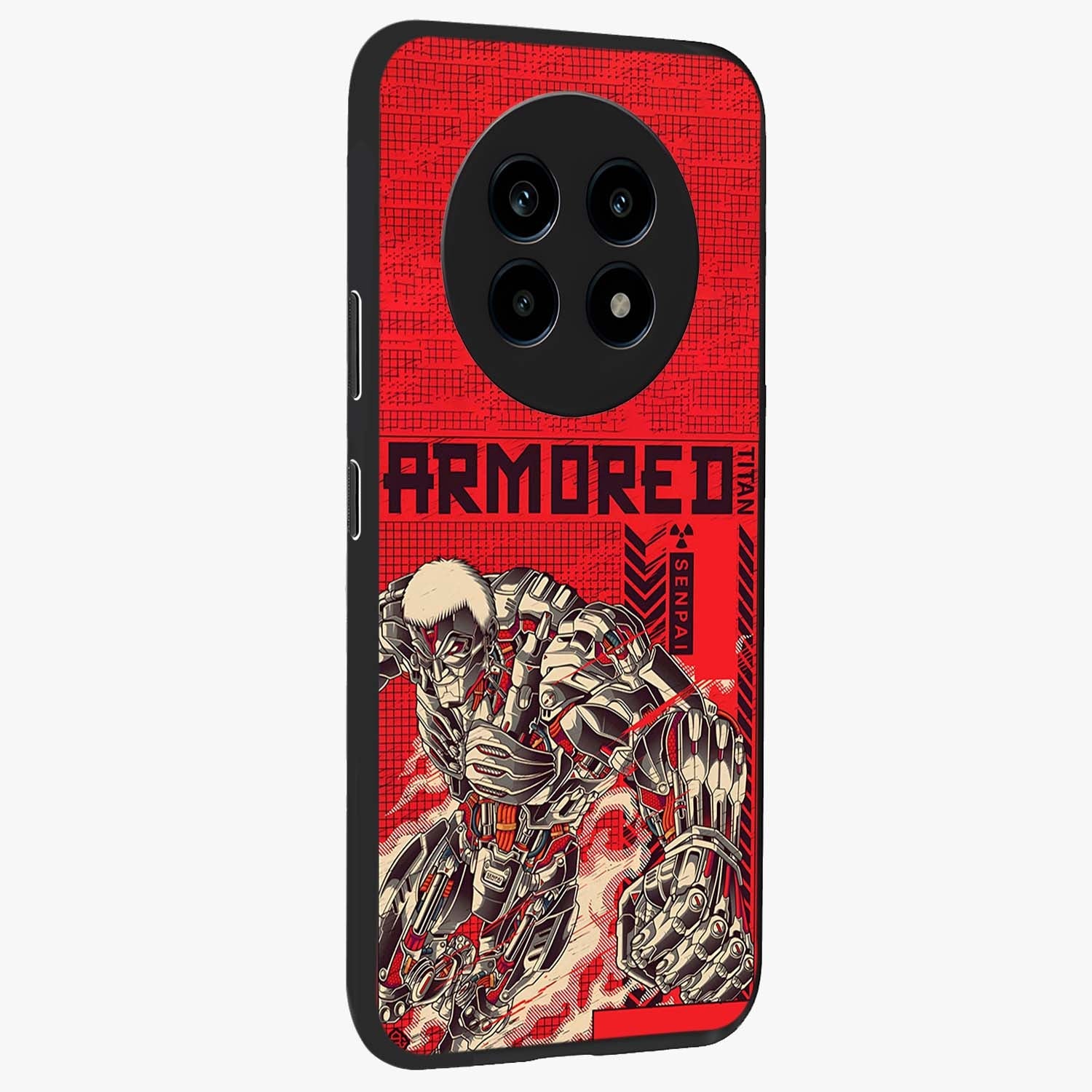 Crimson Mecha Titan Glass Case upright view showcasing dynamic robotic titan design with sci-fi inspired theme.