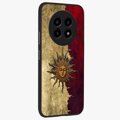 Crimson Sun Majesty Glass Case upright view showcasing vibrant sun artwork with powerful celestial theme.