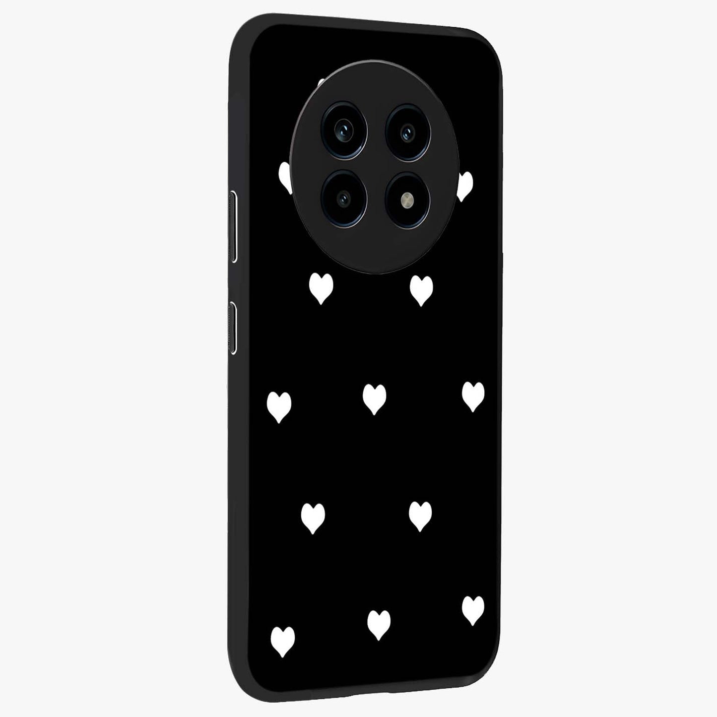 Cute And Simple White Hearts Glass Case upright view showcasing simple white hearts artwork with soft minimal theme.