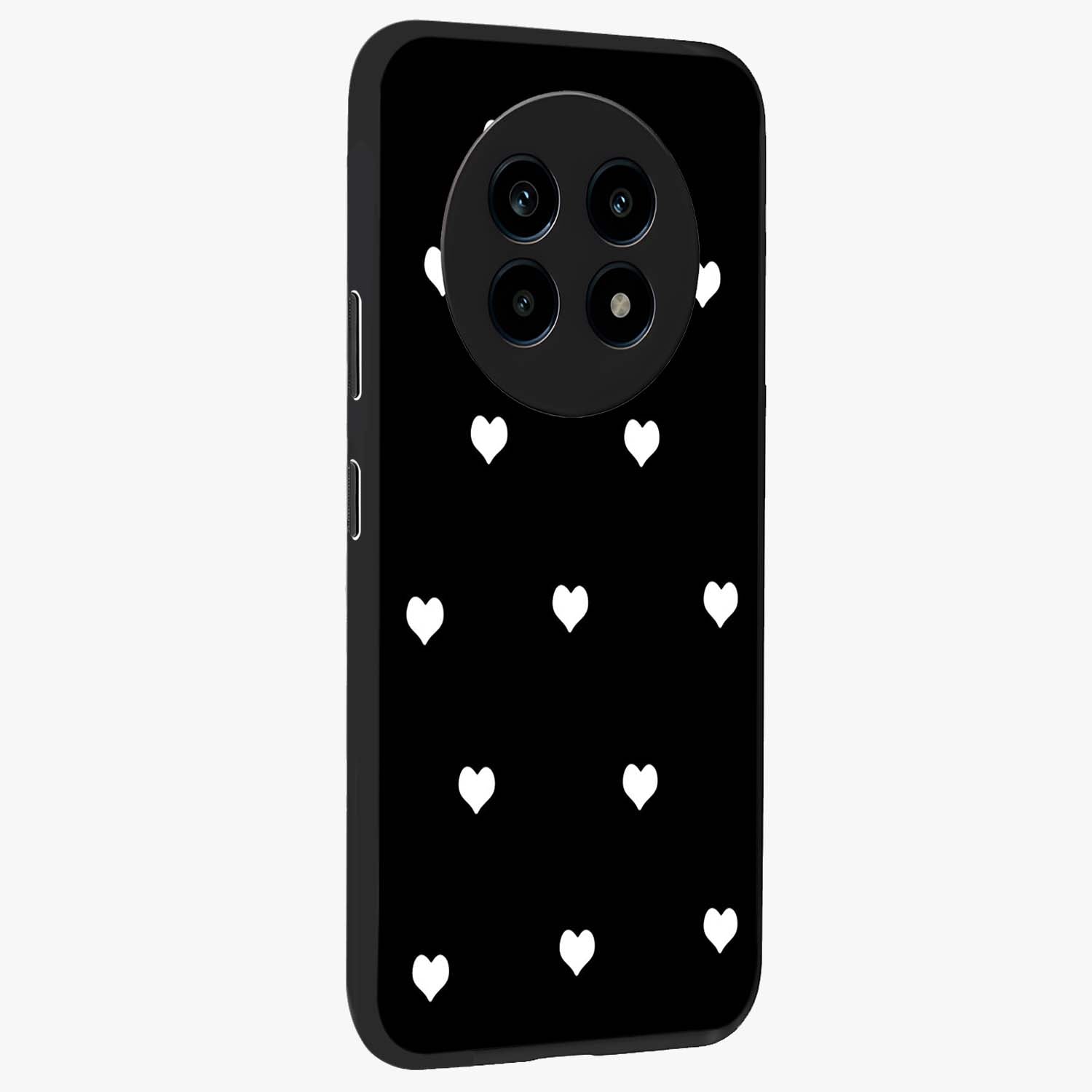 Cute And Simple White Hearts Glass Case upright view showcasing simple white hearts artwork with soft minimal theme.