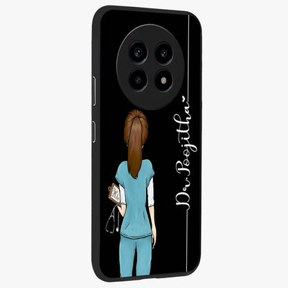 Doctor Pattern Custom Name Glass Case upright view showcasing healthcare themed design with personalized aesthetic.