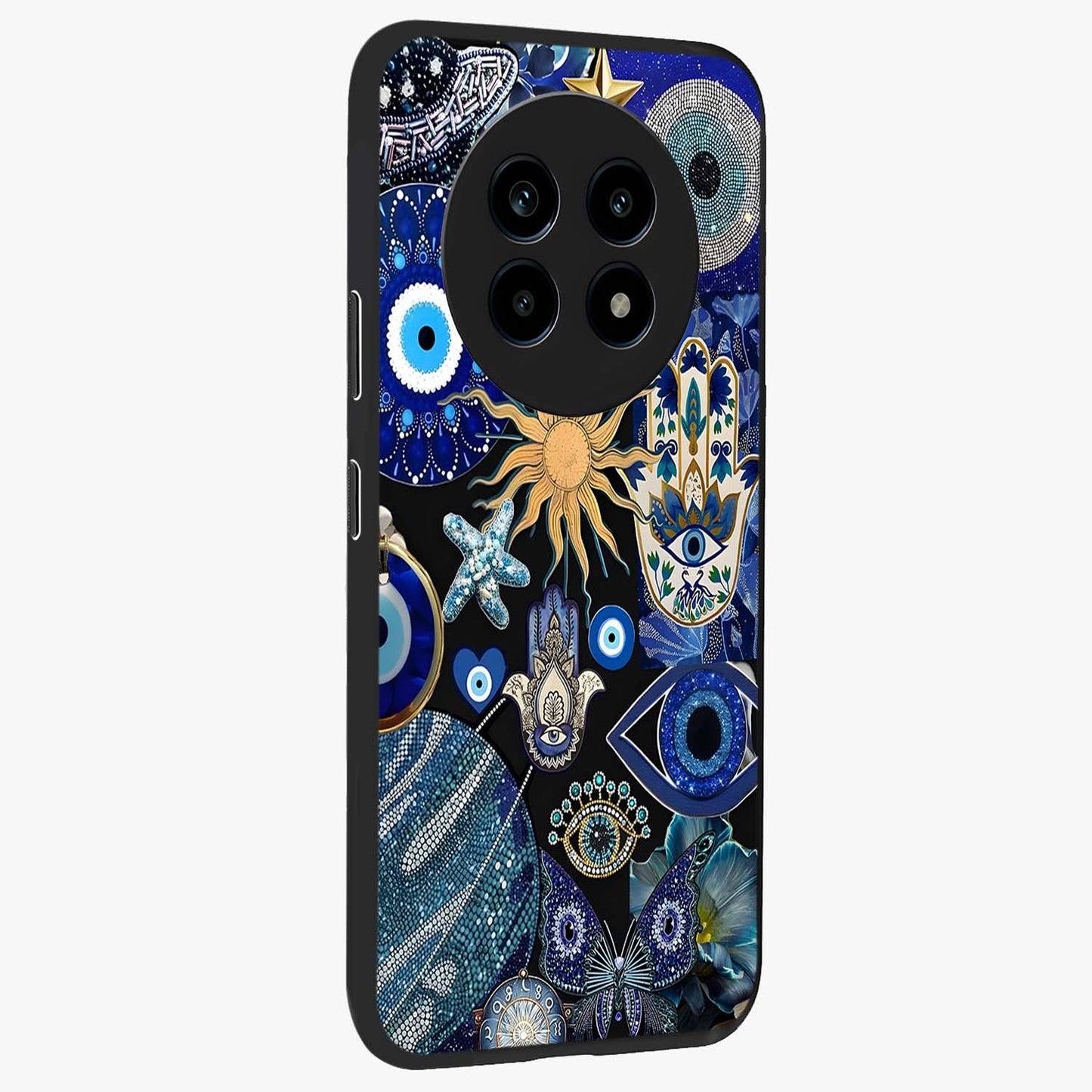 Evil Eye Charm Mix Glass Case upright view showcasing mystical evil eye pattern with vibrant decorative style.