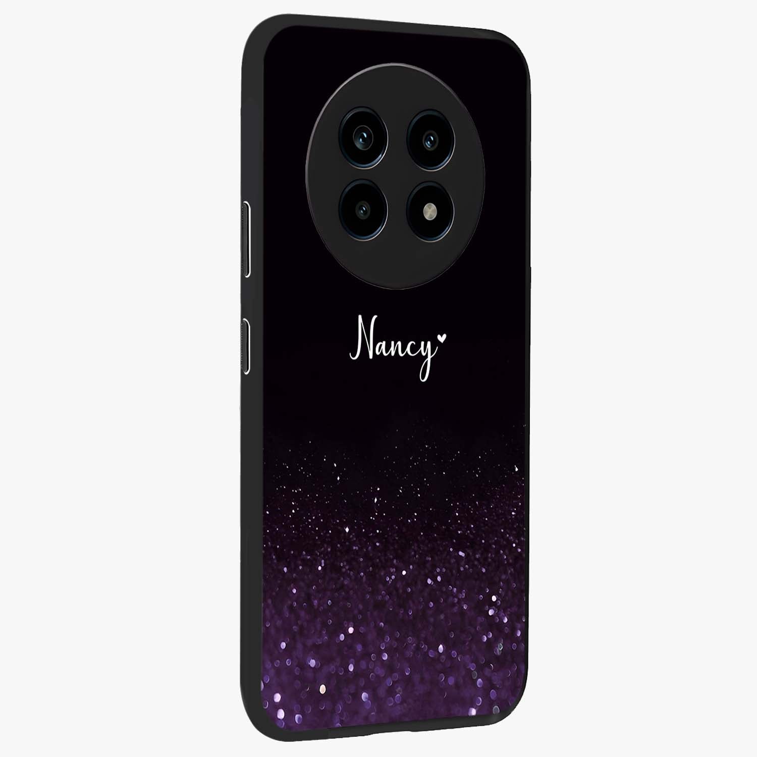 Glittery Purple Bokeh Custom Name Glass Case upright view showcasing vibrant purple sparkle artwork with personalized aesthetic style.
