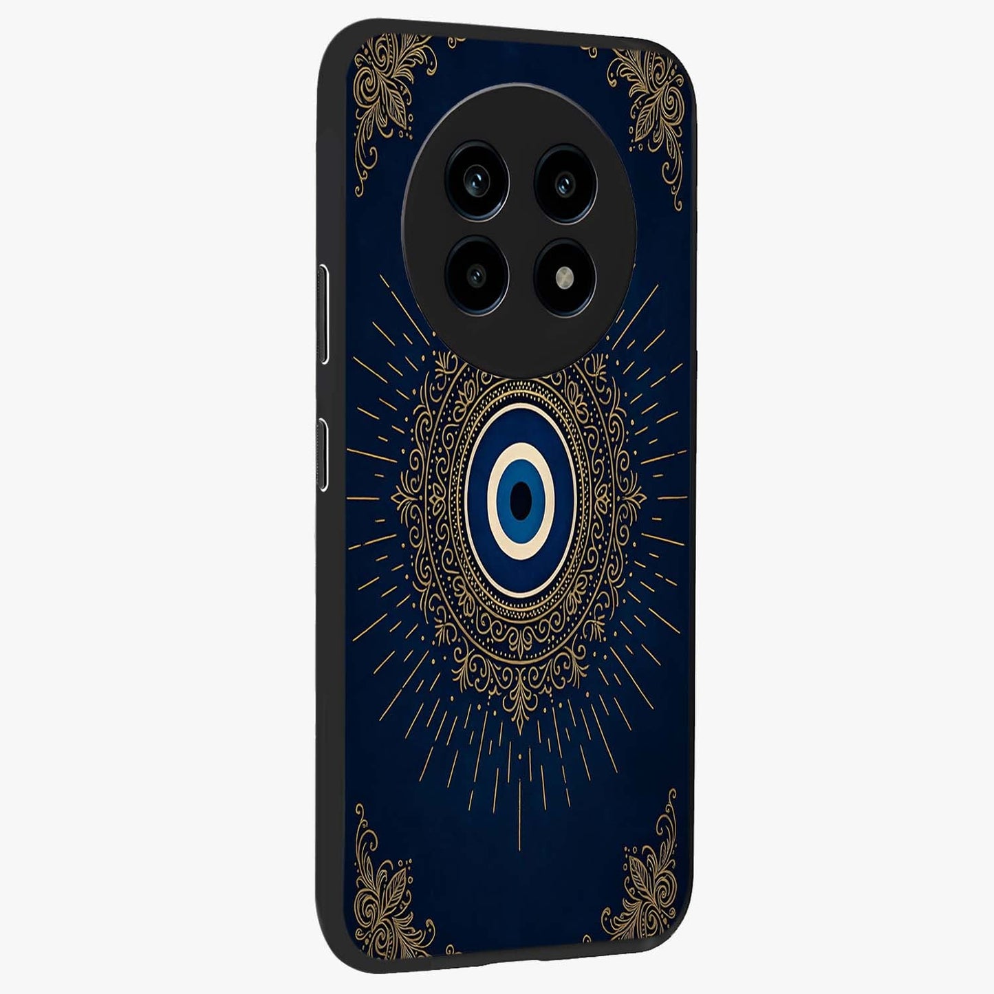 Golden Celestial Charm Glass Case upright view showcasing radiant celestial artwork with elegant golden theme.