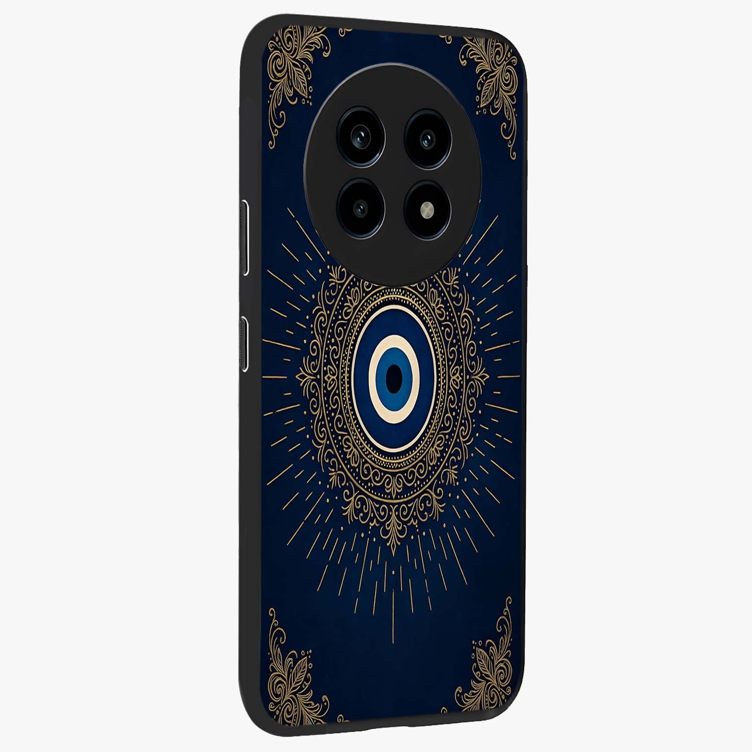 Golden Celestial Charm Glass Case upright view showcasing radiant celestial artwork with elegant golden theme.