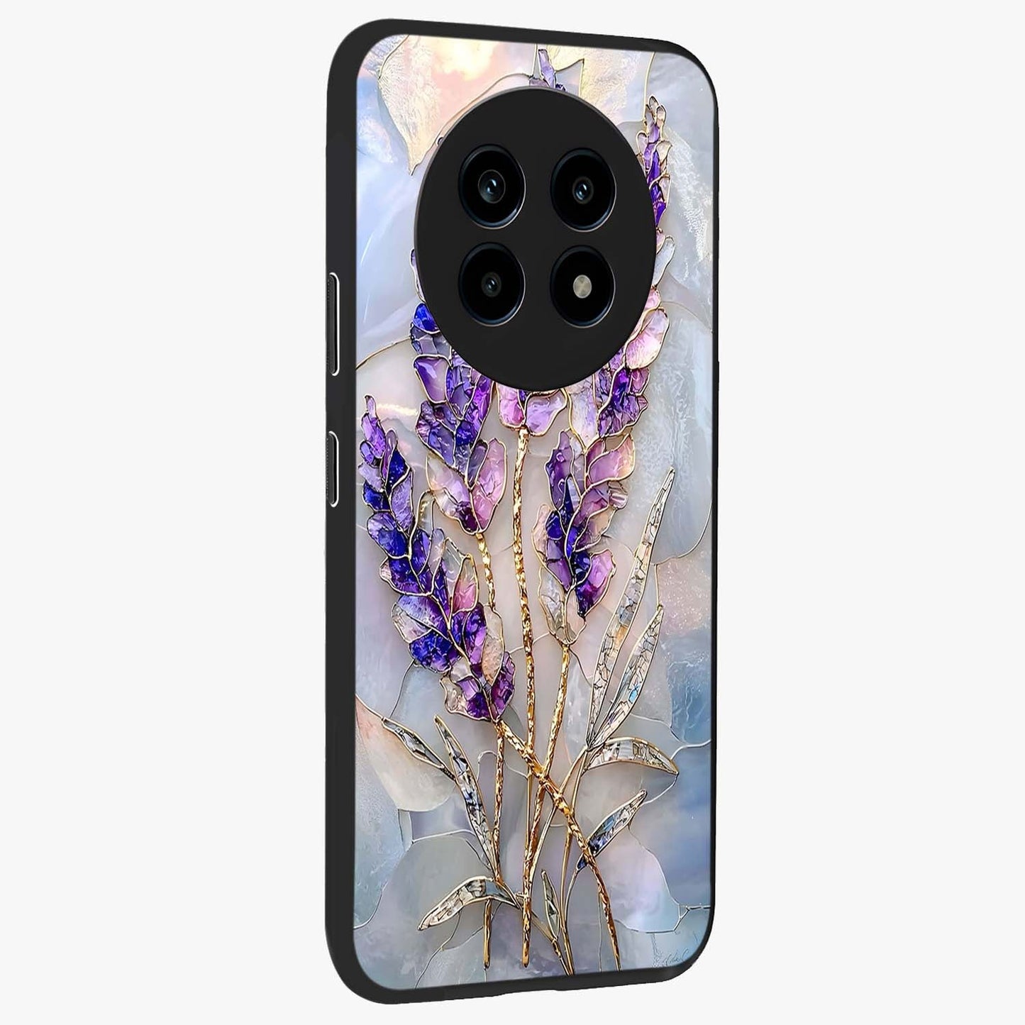 Lavender Dream Glow Glass Case upright view showcasing radiant lavender glow artwork with calming dreamy theme.