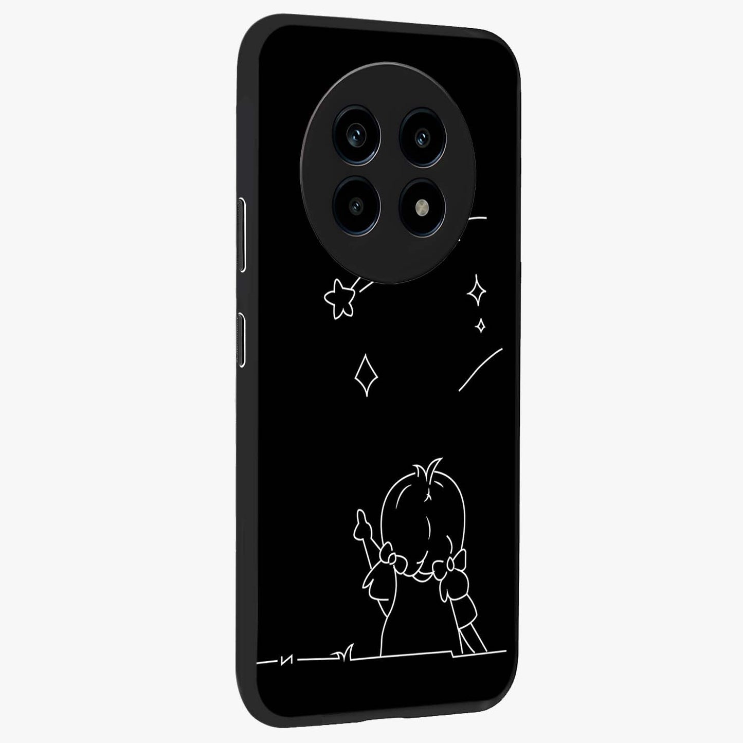 Line Art Girl With Shooting Stars Glass Case upright view showcasing delicate shooting stars artwork with minimal artistic theme.