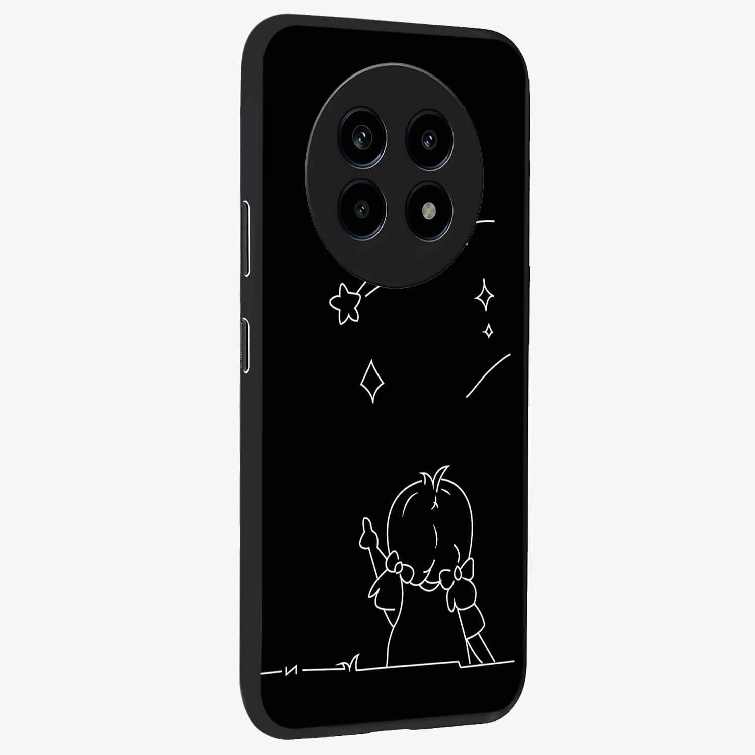 Line Art Girl With Shooting Stars Glass Case upright view showcasing delicate shooting stars artwork with minimal artistic theme.