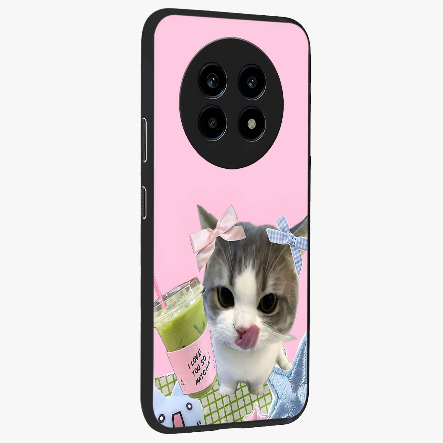 Love Matcha Cat Glass Case upright view showcasing adorable cat artwork with charming matcha themed design.