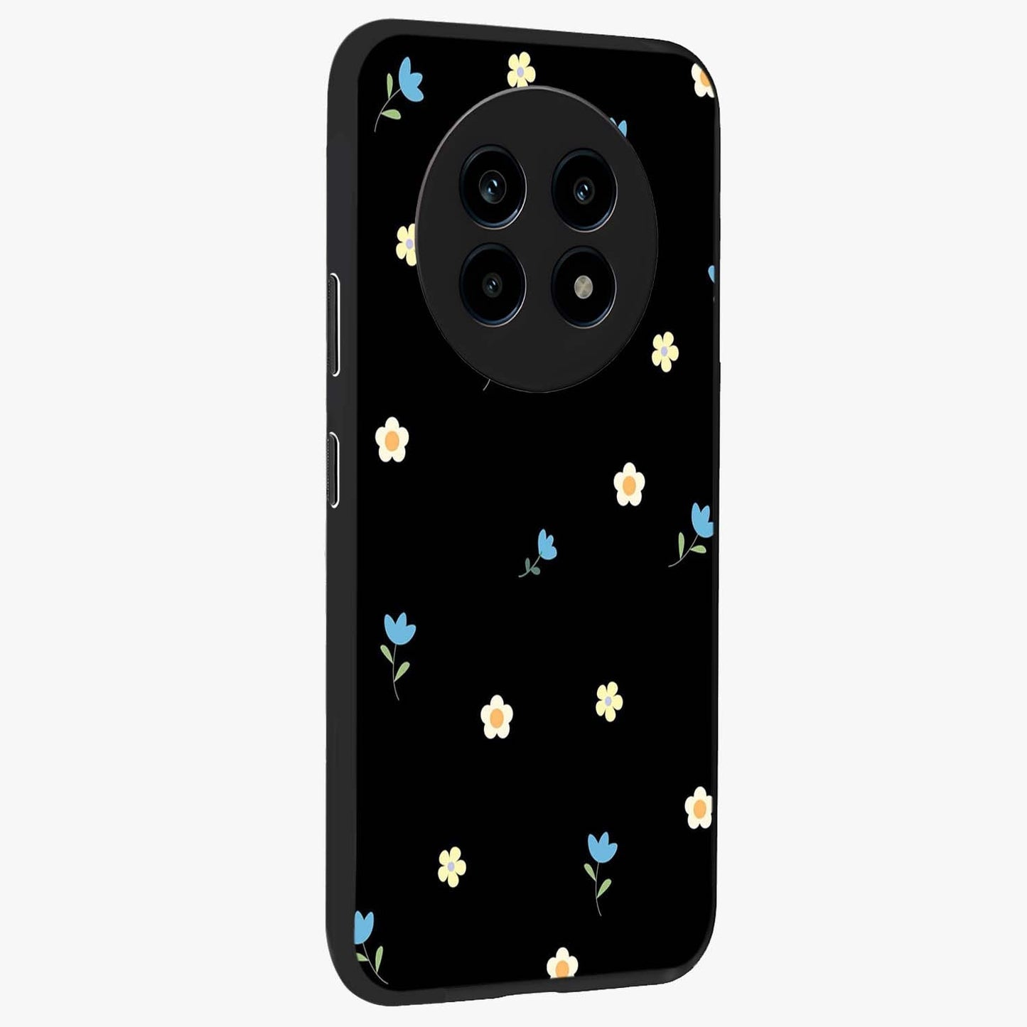 Minimal Petal Whispers Glass Case upright view showcasing elegant floral artwork with modern minimalist style.