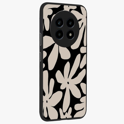 Monochrome Petal Dance Glass Case upright view showcasing artistic floral pattern with stylish monochrome theme.
