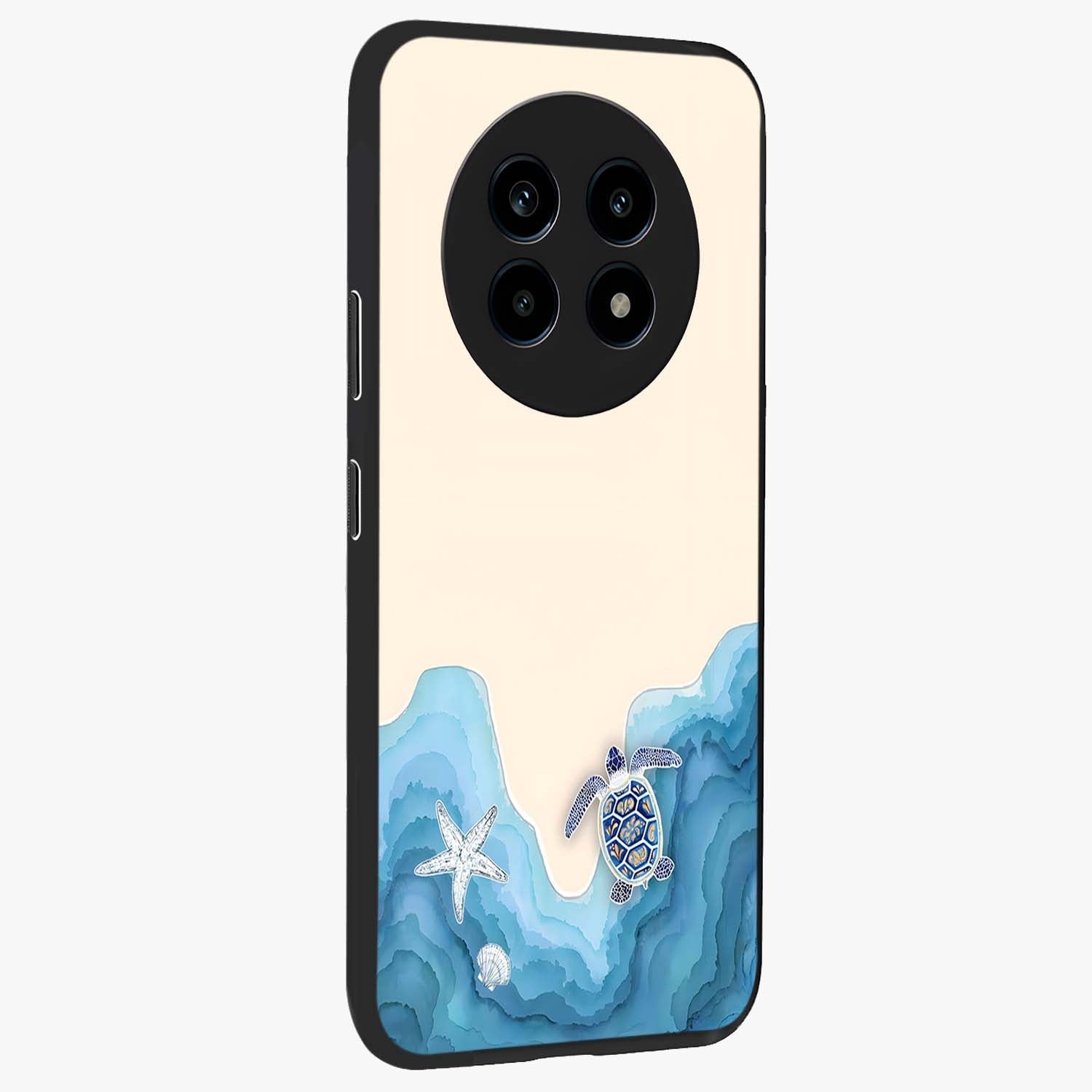 Ocean Drift Turtle Glass Case upright view showcasing calm underwater turtle artwork with nature inspired theme.