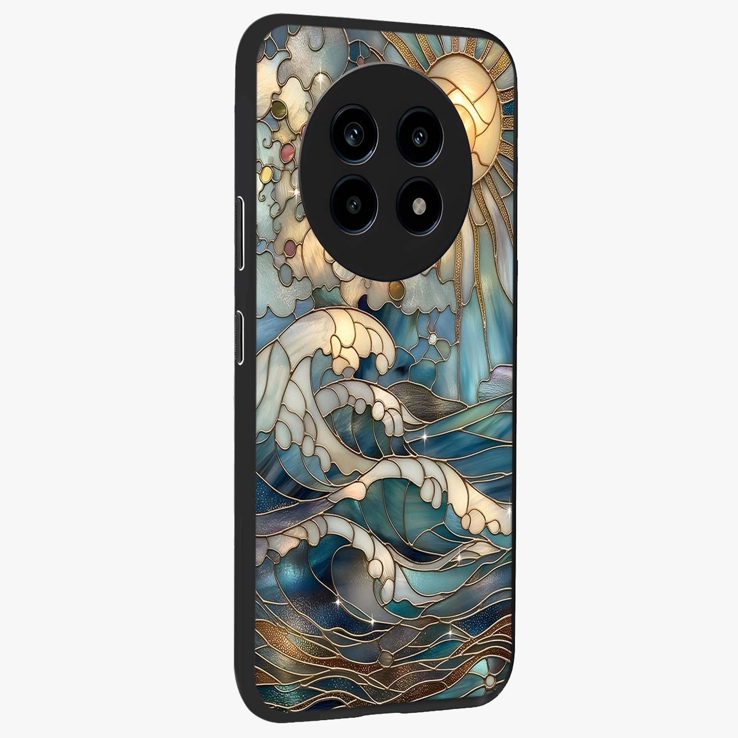 Oceanic Stained Printed Glass Case upright view showcasing decorative ocean pattern artwork with vibrant marine theme.