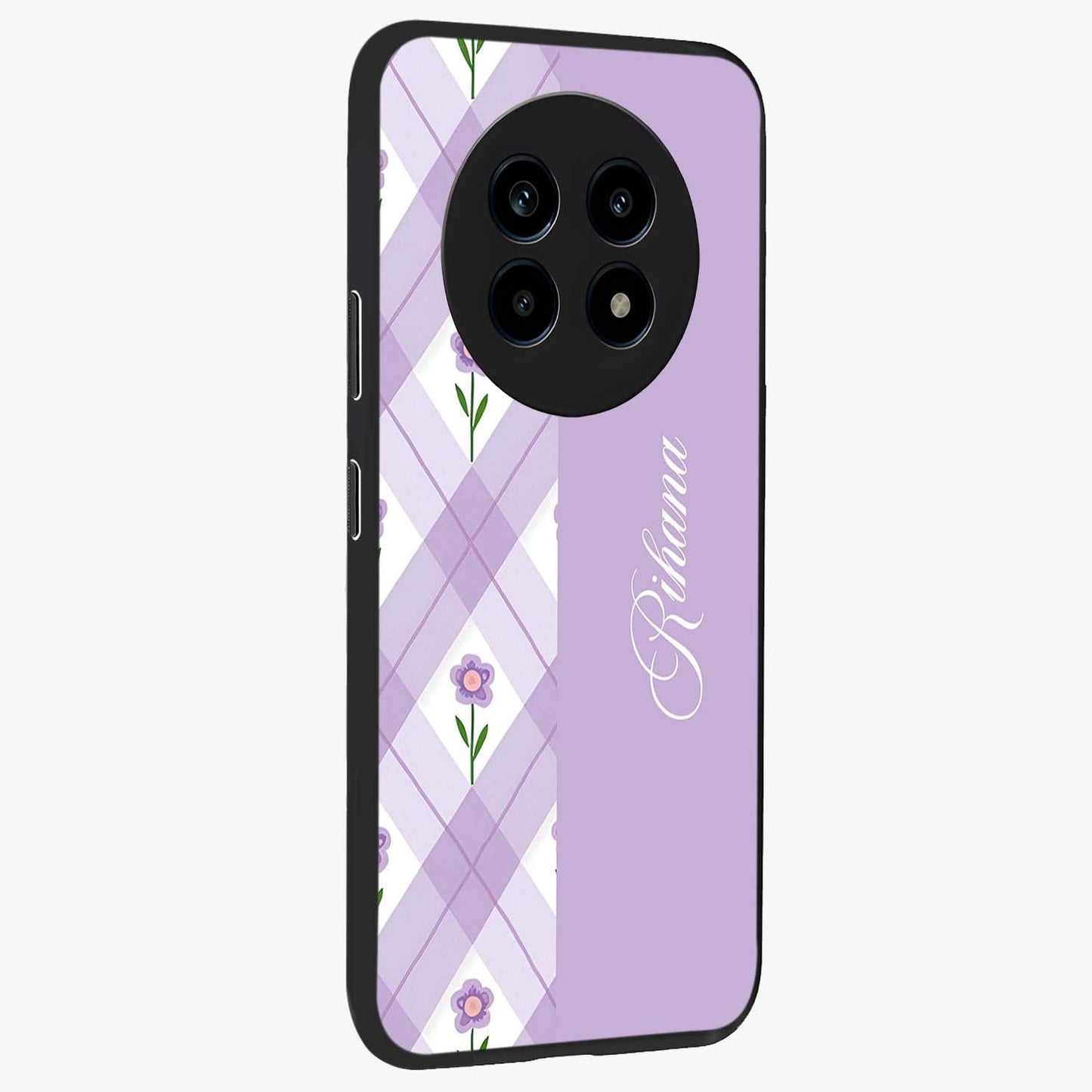 Purple Diamond Floral Glass Case upright view showcasing vibrant floral artwork with stylish geometric theme.