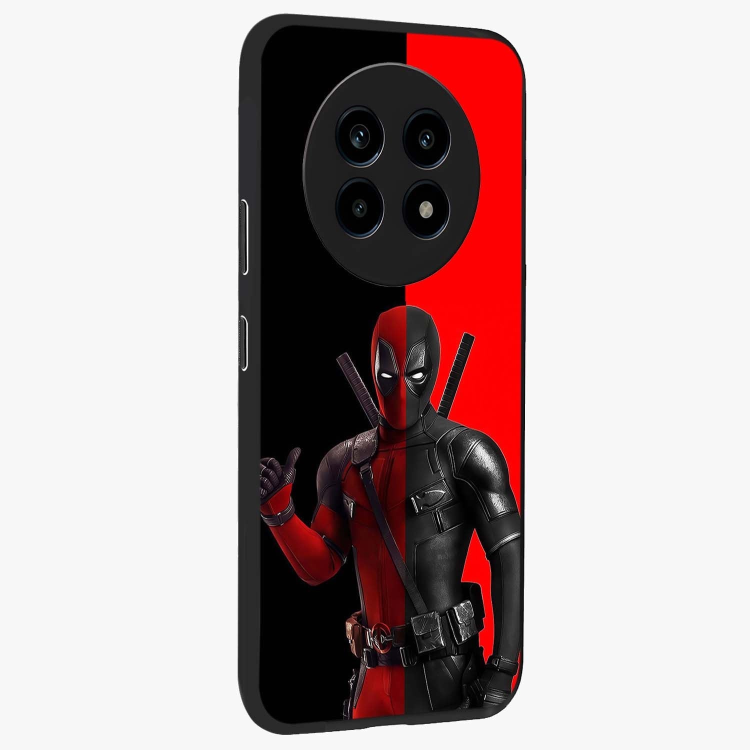 Red & Black Deadpool Theme Glass Case upright view showcasing energetic comic themed artwork with striking red and black design.