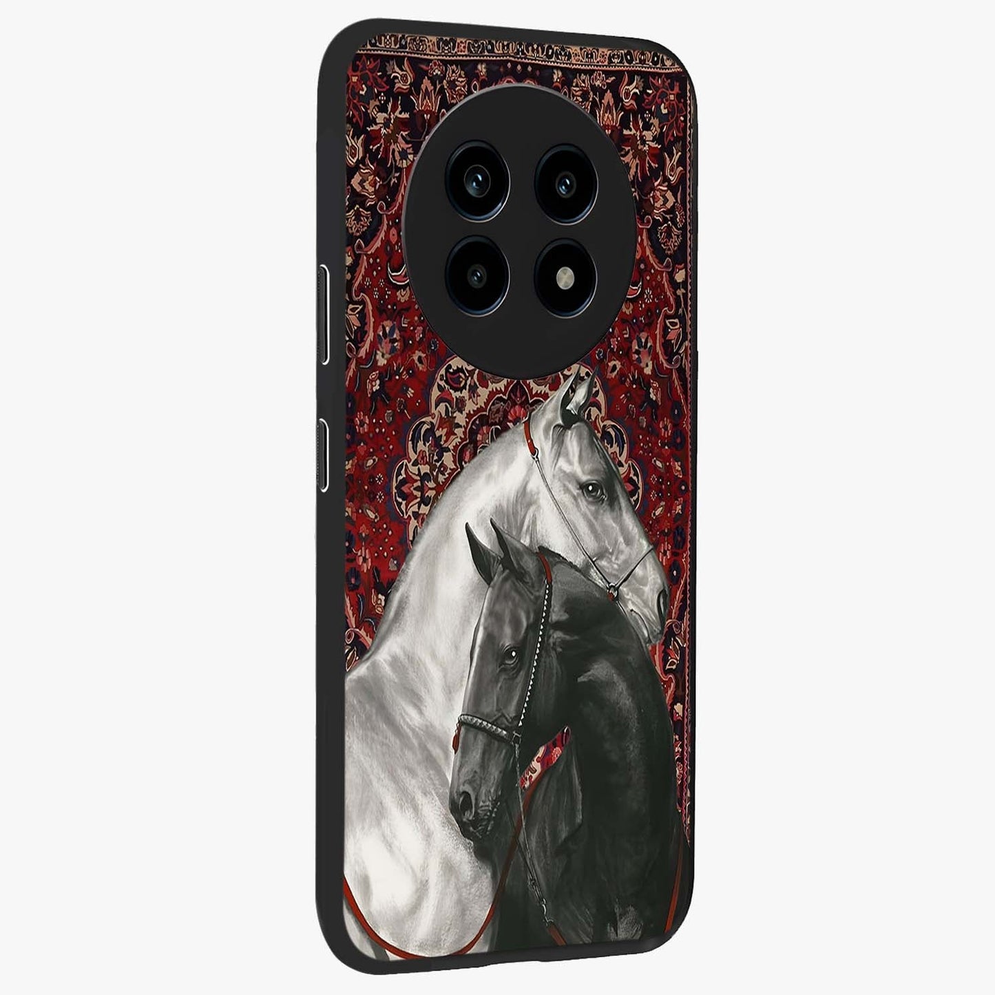 Regal Stallion Tapestry Glass Case upright view showcasing powerful horse artwork with elegant tapestry theme.
