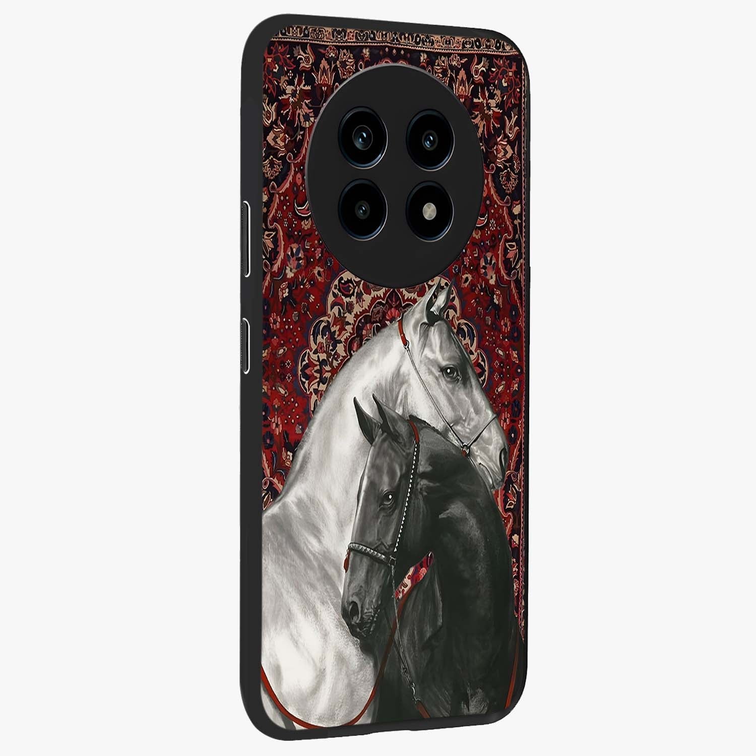 Regal Stallion Tapestry Glass Case upright view showcasing powerful horse artwork with elegant tapestry theme.