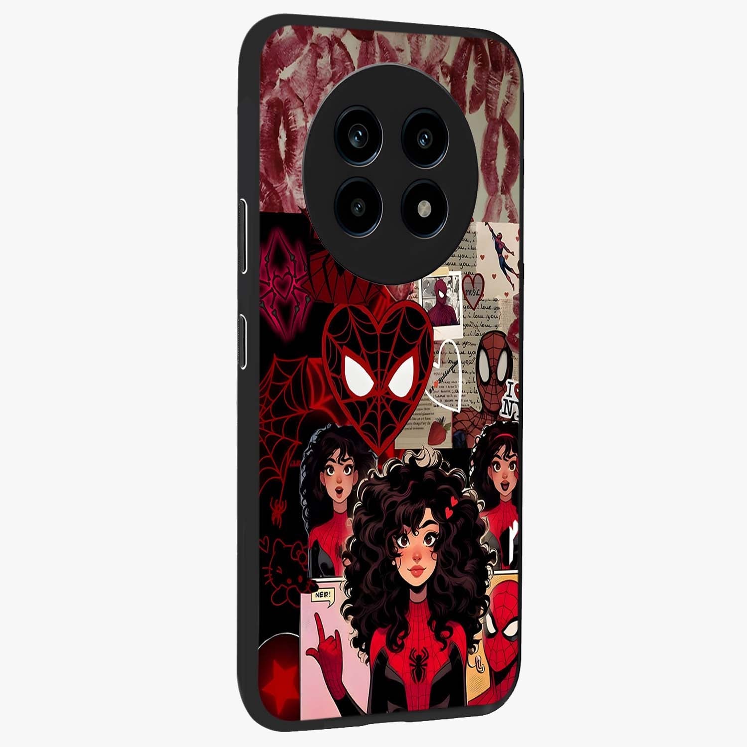 Spider Love Story Glass Case upright view showcasing charming superhero artwork with romantic comic theme.