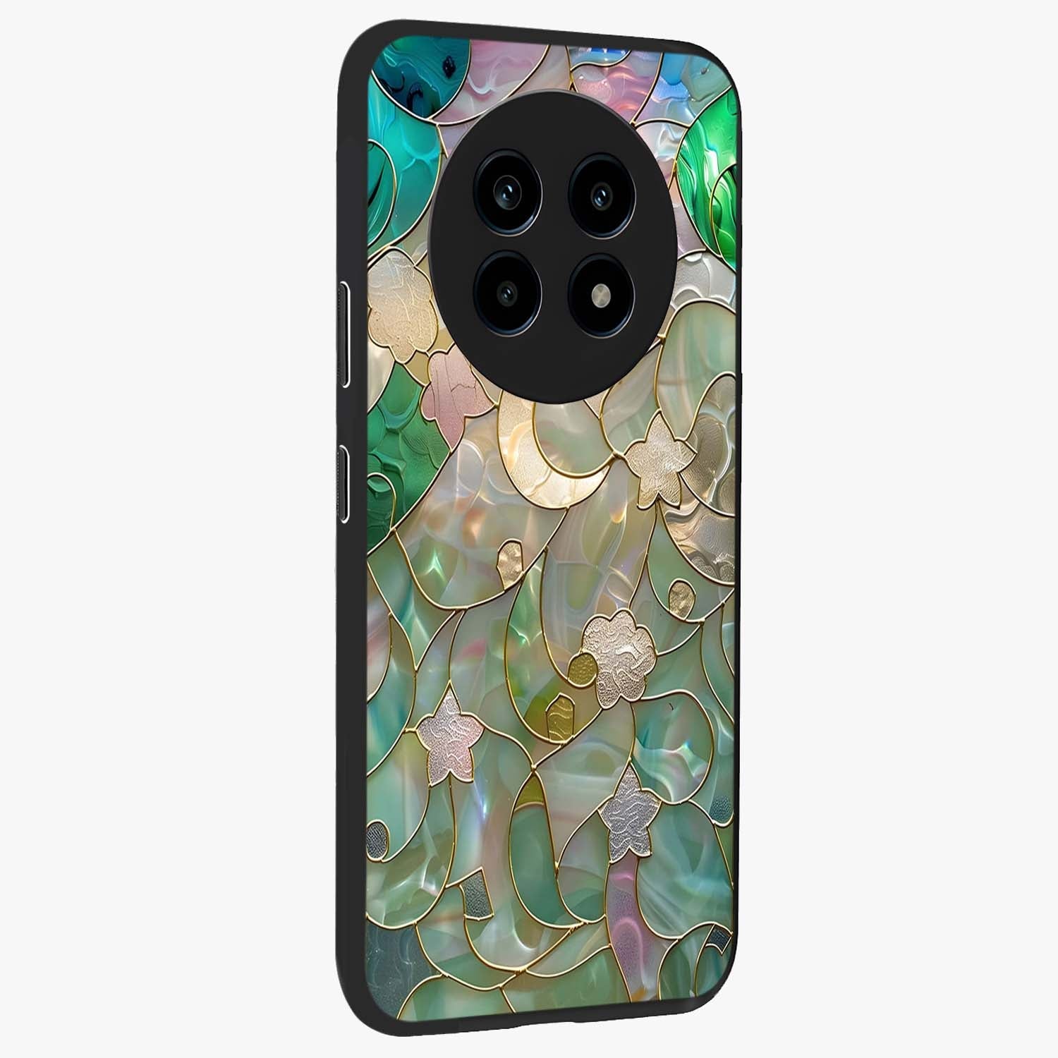 Stained Sunrise Glow Glass Case upright view showcasing colorful sunrise artwork with warm morning theme.