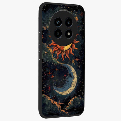 Sun And Moon Magic Design Glass Case upright view showcasing decorative sun and moon artwork with spiritual celestial theme.