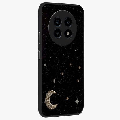 Twinkle Star With Half Moon Glass Case upright view showcasing glowing cosmic artwork with dreamy night theme.