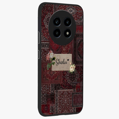 Velvet Wine Pattern Custom Name Glass Case upright view showcasing luxurious wine toned artwork with personalized aesthetic.