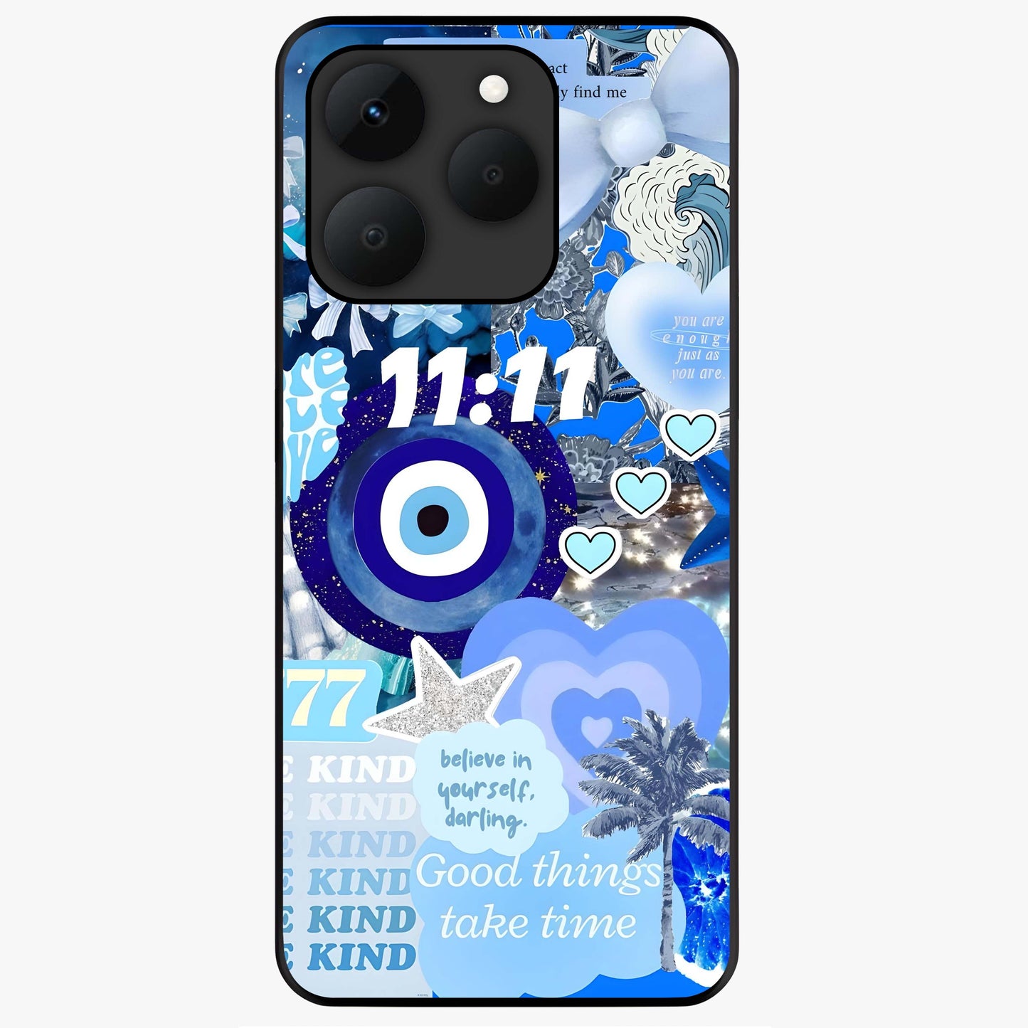 Aesthetic Be Kind Eye Glass Case showing flat back view with motivational eye artwork and glossy glass finish.