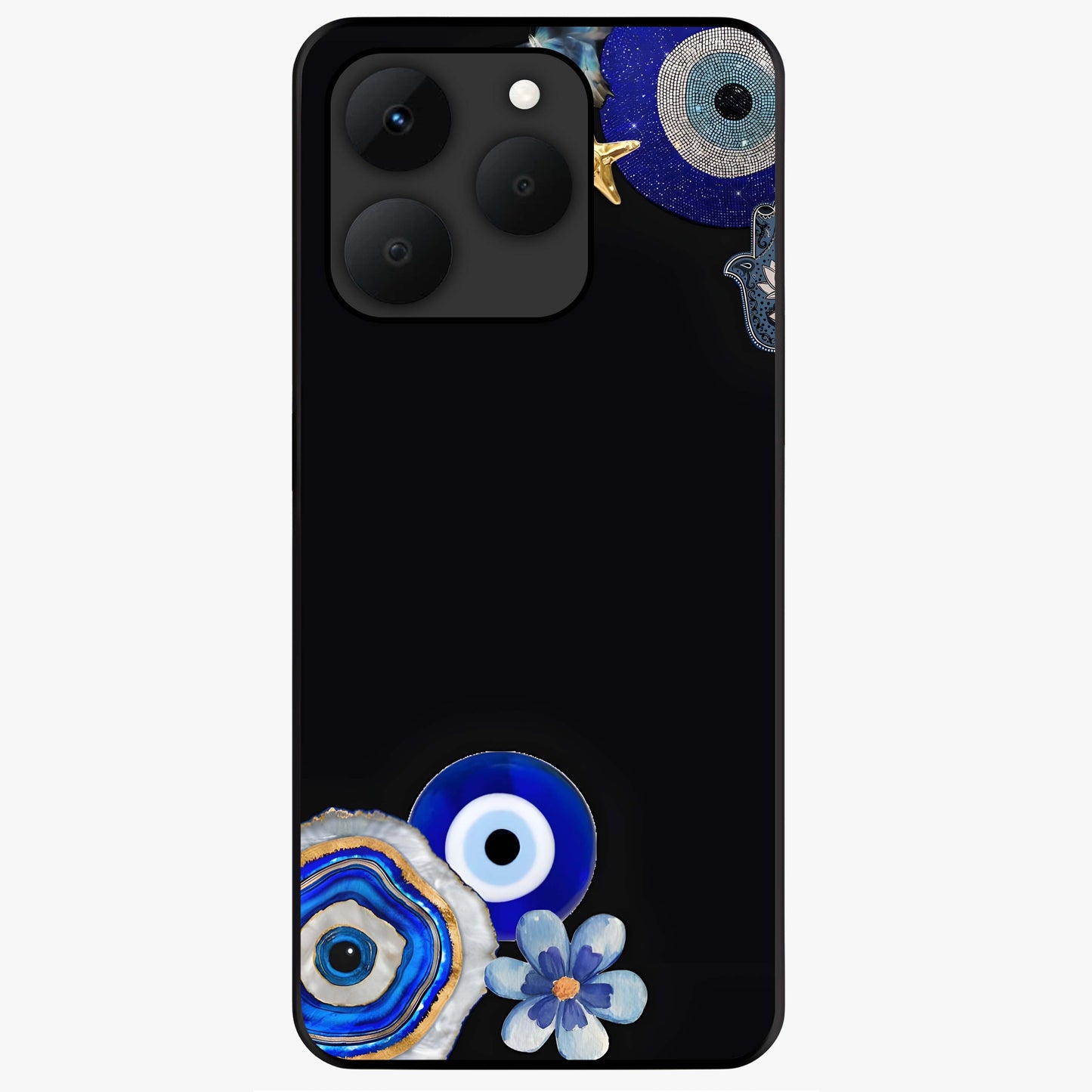 Aesthetic Blue Evil Eye Glass Case showing flat back view with protective evil eye artwork and glossy glass finish.