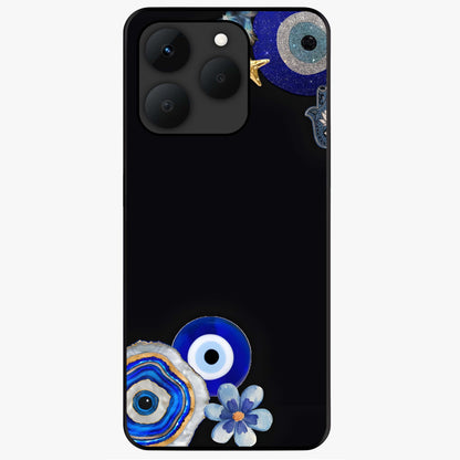 Aesthetic Blue Evil Eye Glass Case showing flat back view with protective evil eye artwork and glossy glass finish.
