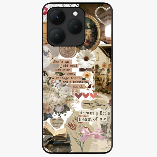 Aesthetic Brown Vintage Collage Glass Case showing flat back view with retro collage artwork and glossy glass finish.