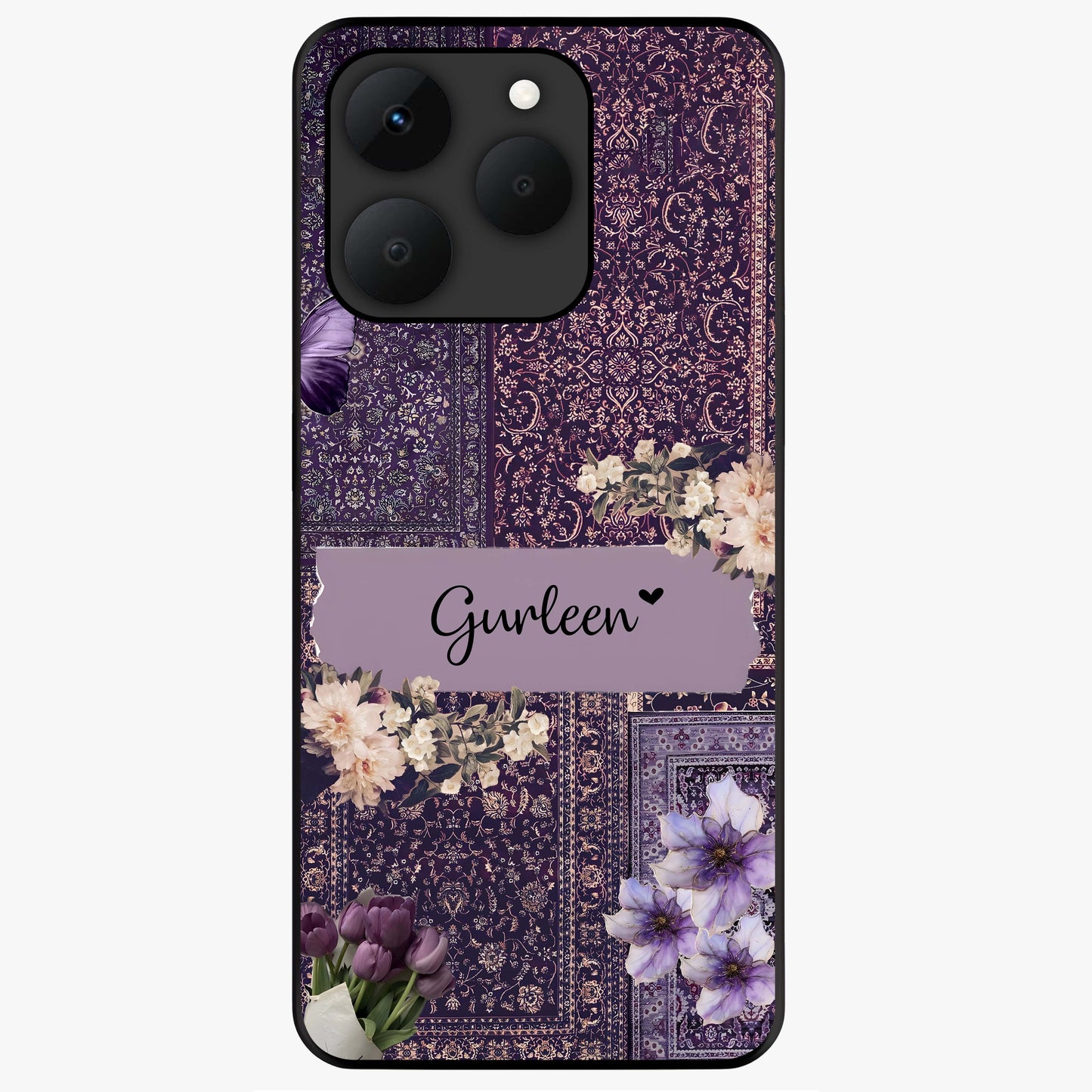 Antique Floral Whisper Custom Name Glass Case showing flat back view with vintage floral artwork and personalized name design.