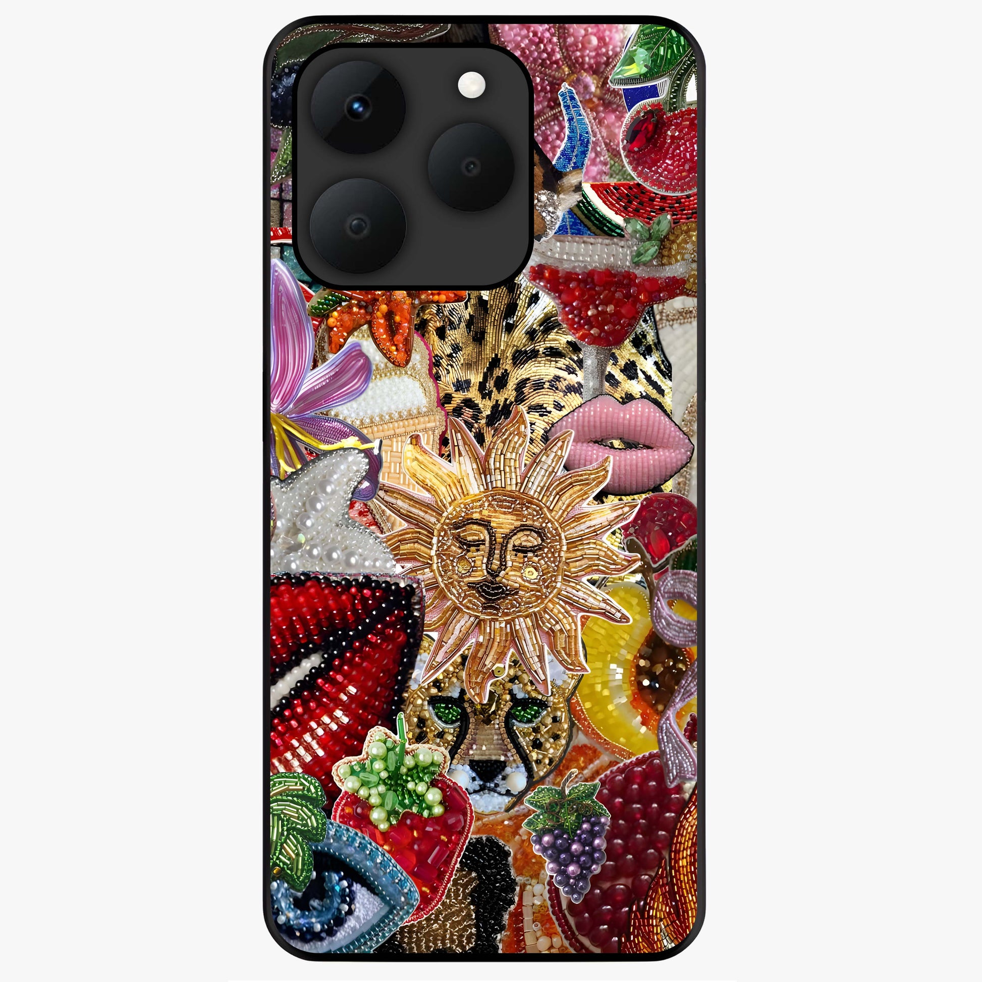 Beaded Fashion Jungle Glass Case showing flat back view with vibrant jungle inspired bead artwork and glossy glass finish.