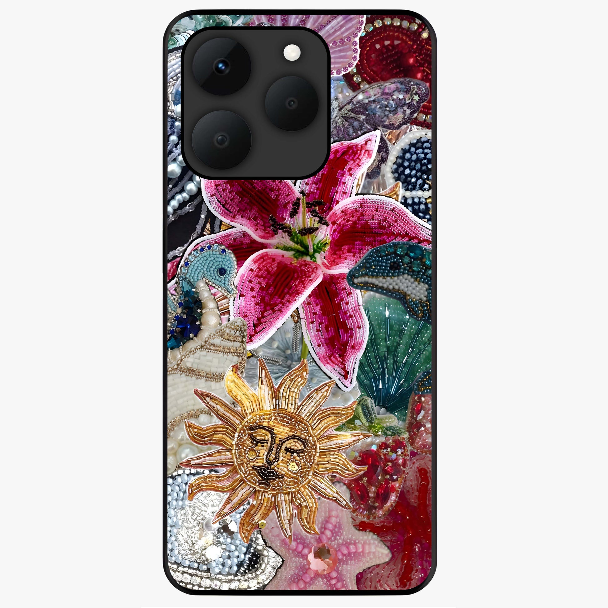 Beaded Garden Fantasy Glass Case showing flat back view with dreamy garden bead artwork and glossy glass finish.