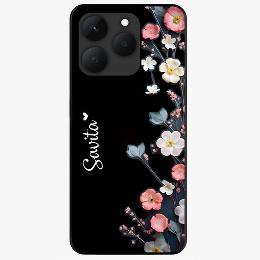 Black Elegance Floral Custom Name Glass Case showing flat back view with elegant floral artwork and personalized name design.