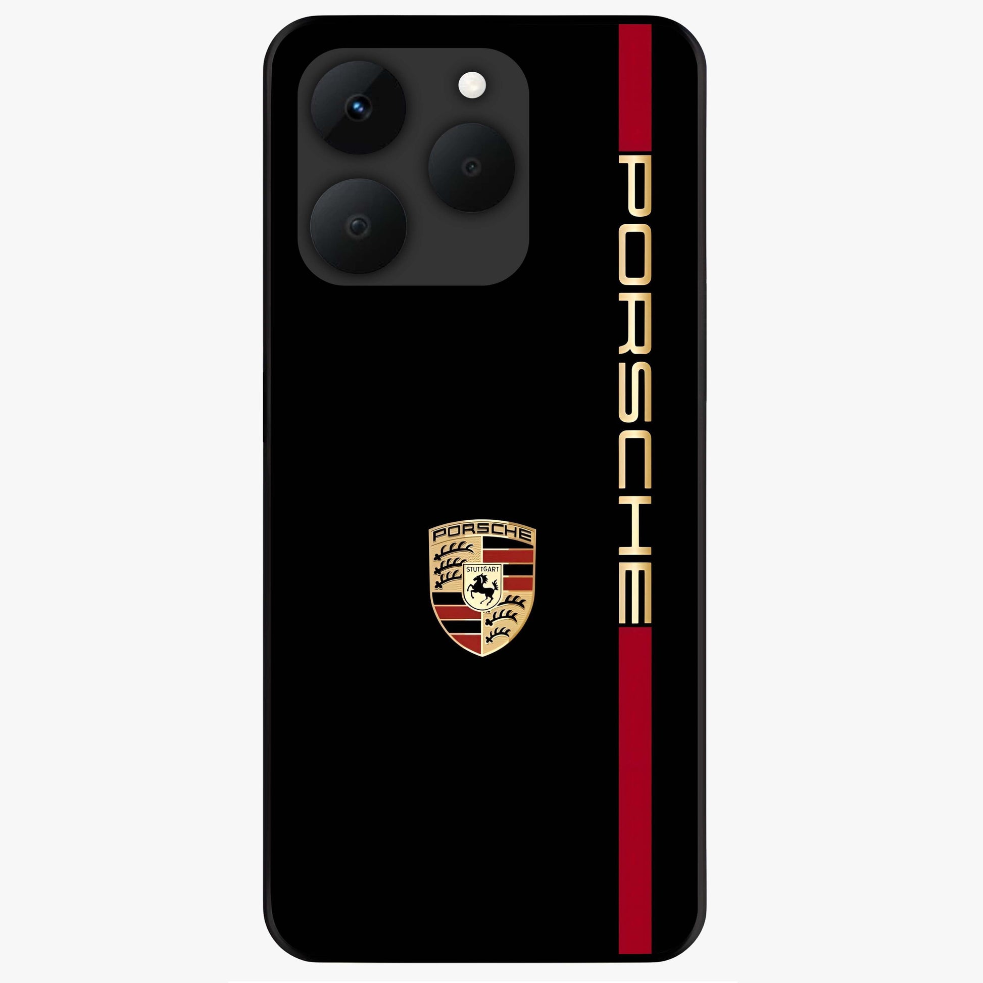 Black Minimal Porsche Glass Case showing flat back view with sleek minimal sports car artwork and glossy glass finish.