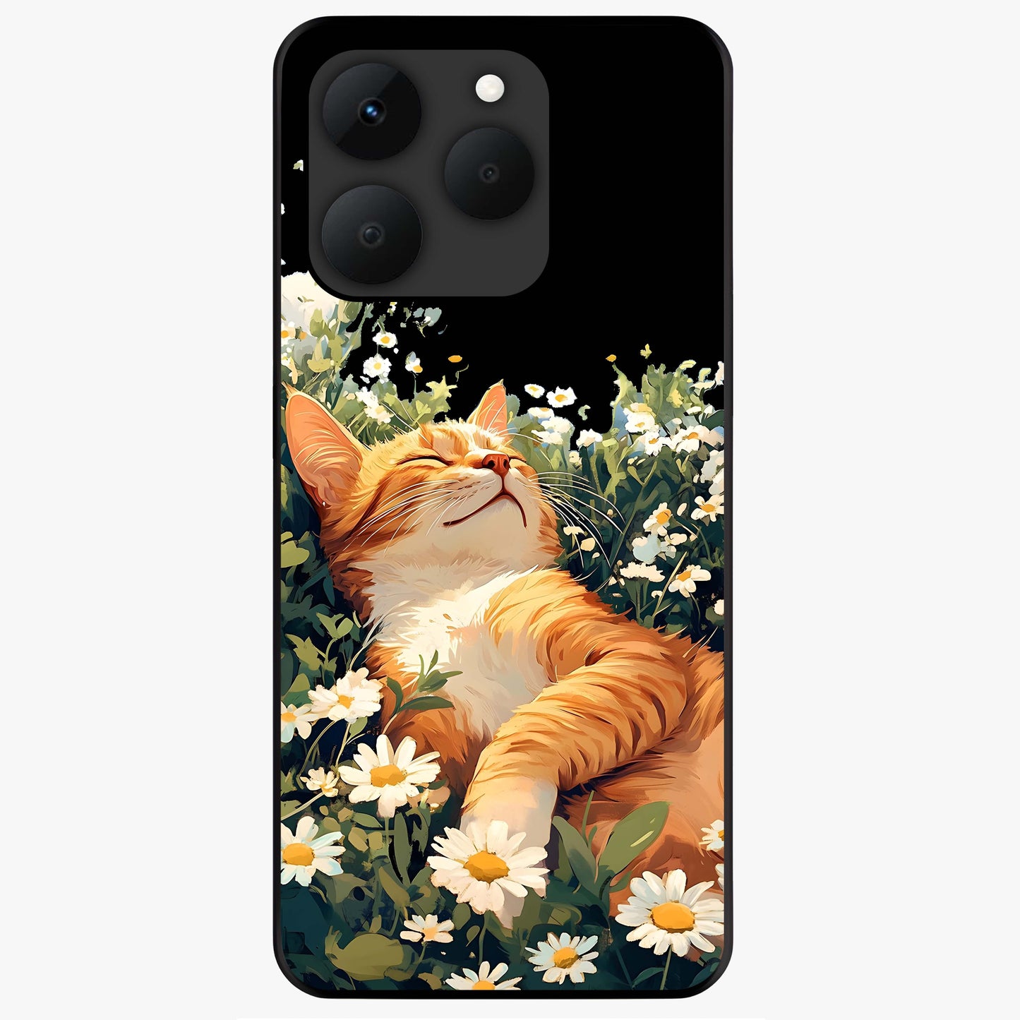 Blissful Bloom Cat Glass Case showing flat back view with cute cat and floral bloom artwork and glossy glass finish.