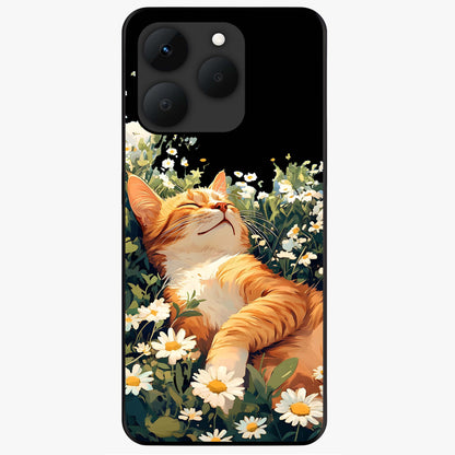 Blissful Bloom Cat Glass Case showing flat back view with cute cat and floral bloom artwork and glossy glass finish.